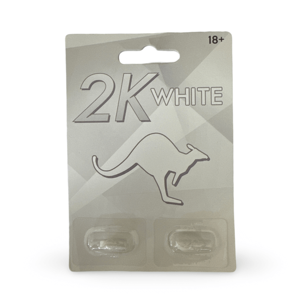 Kangaroo 2K White Herbal Supplement packaging with two capsules, designed for stamina and vitality.