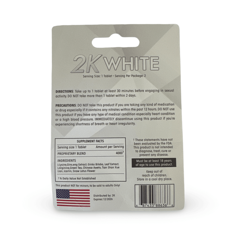 Kangaroo 2K White Herbal Supplement packaging, directions and ingredients, 4000mg stamina support for men.