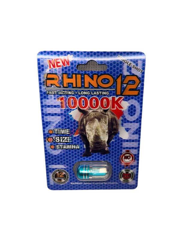 Rhino 12 Fast Acting Long Lasting 10000K Male supplement packaging featuring rhino graphic for energy and stamina boost.