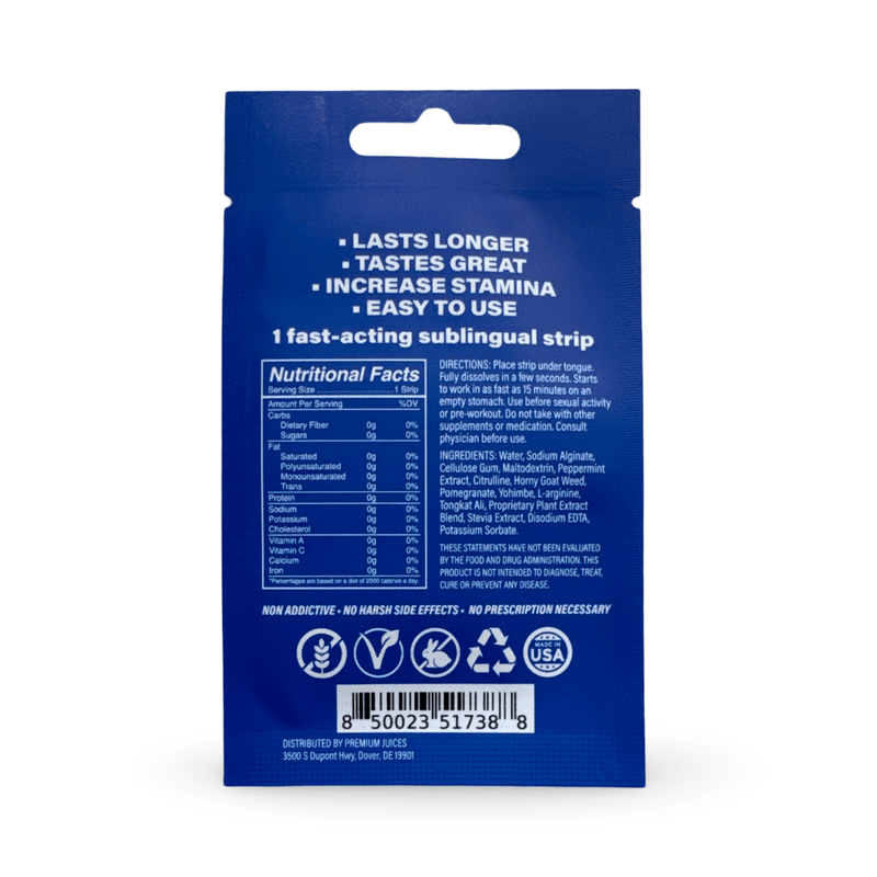 Kangaroo Sublingual Strip packaging with nutritional facts, benefits including increased stamina and easy usage