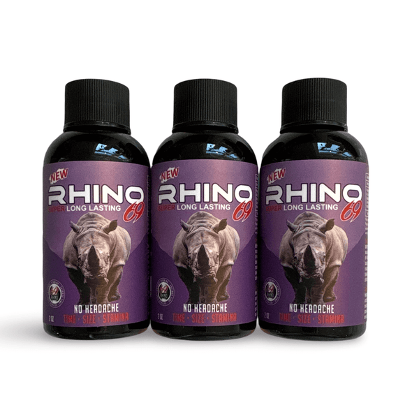 Rhino 69 Super Long-Lasting Power Shot 3 pack of 2 oz energy bottles for stamina and performance support.