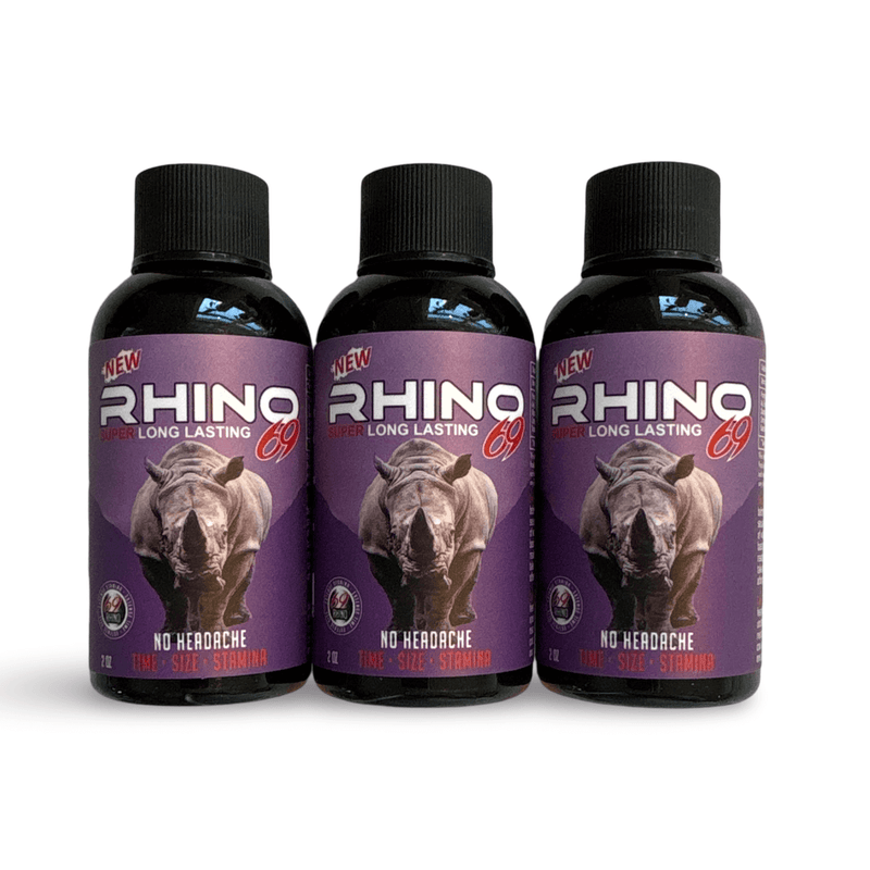 Rhino 69 Super Long-Lasting Power Shot 3 pack of 2 oz energy bottles for stamina and performance support.