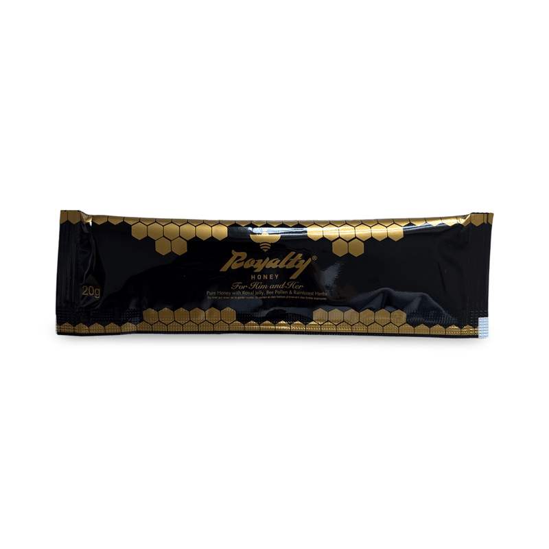 Royalty Honey single-use packet featuring herbal blend for vitality, 20g, with a stylish black and gold design.