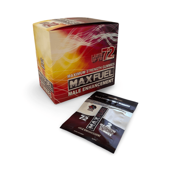 MaxFuel Wild Berry flavor male enhancement gummies packaging, promoting increased stamina and performance. 24-count box.