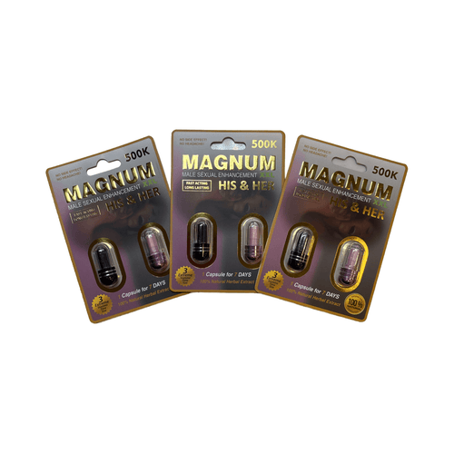 Magnum His & Her Male Sexual Enhancement XXL 10000K capsules packaging, showcasing 3 different variants in vibrant colors.
