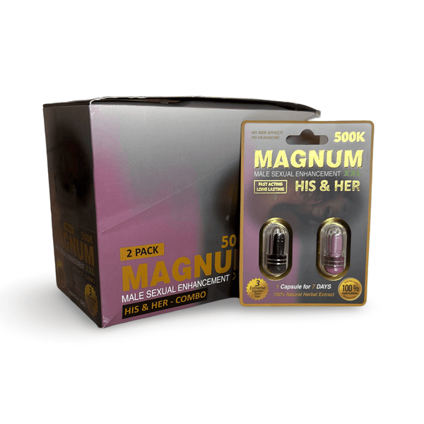 Magnum His and Her 500K Male Sexual Enhancement 2 Pack displayed with packaging, promoting vitality and connection.