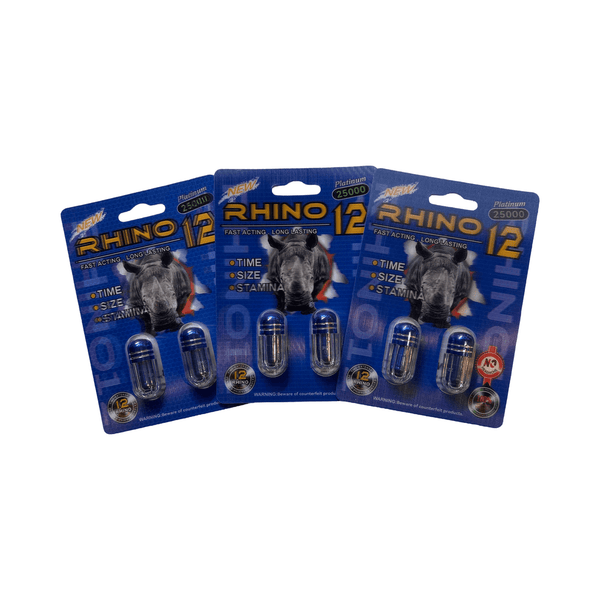 Three packs of Rhino 12 Platinum 25000 Male Enhancement Pills showcasing capsules for performance support.