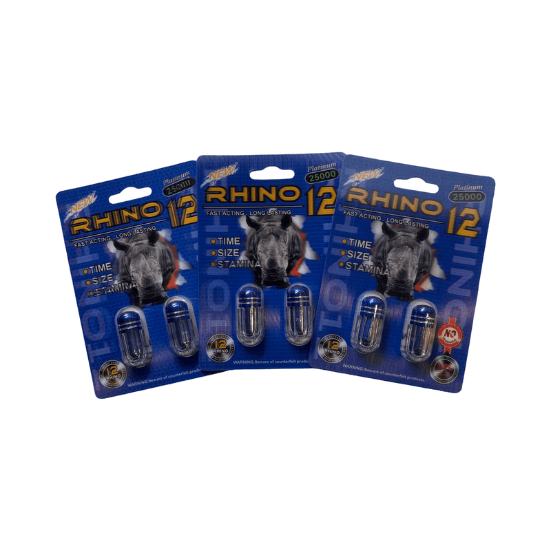 Three packs of Rhino 12 Platinum 25000 Male Enhancement Pills showcasing capsules for performance support.