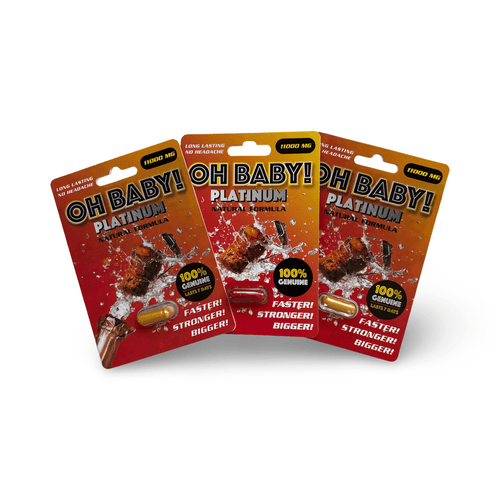 Oh Baby! Platinum Natural Formula Male Enhancement packaging showcasing three capsules for enhanced performance.