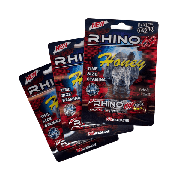 New Rhino 69 Extreme 60000 Honey 3 Pack for stamina support and energy boost.