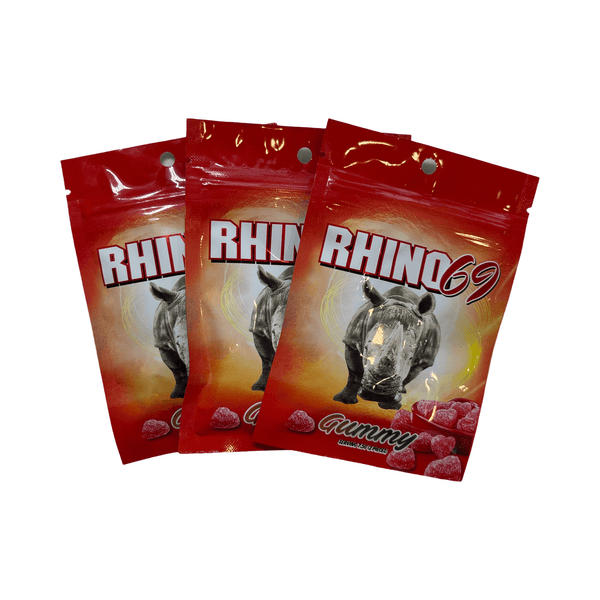 Rhino 69 Gummy Male Enhancement 3 Pack for energy and stamina support in bright red packaging.