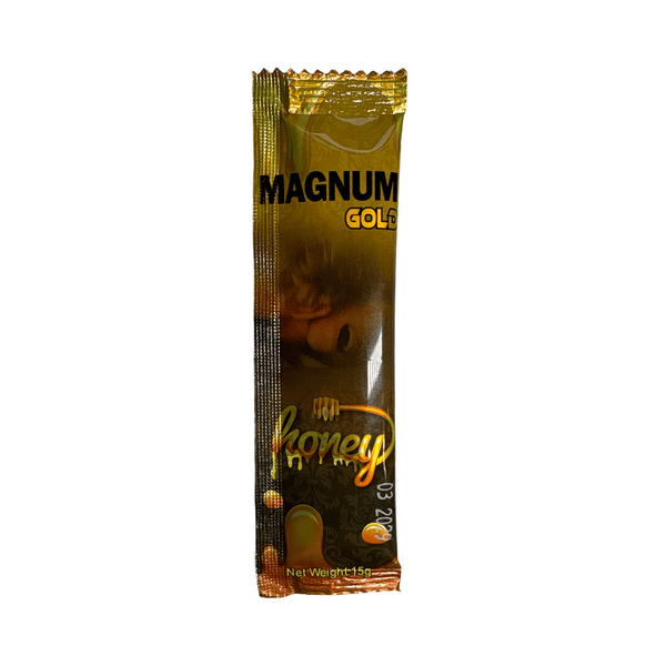 Magnum Gold Honey 15g herbal supplement sachet for stamina and vitality, featuring a quick-absorbing honey base.