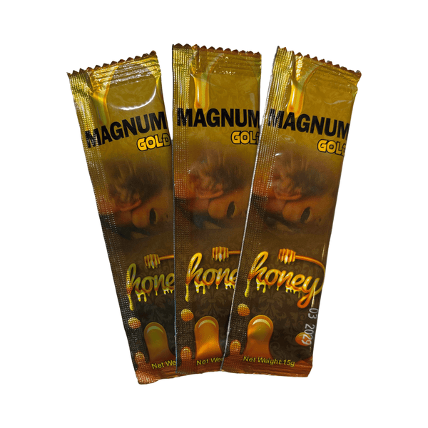 Magnum Gold Honey 15g sachets, natural vitality honey supplement for energy and stamina boost.