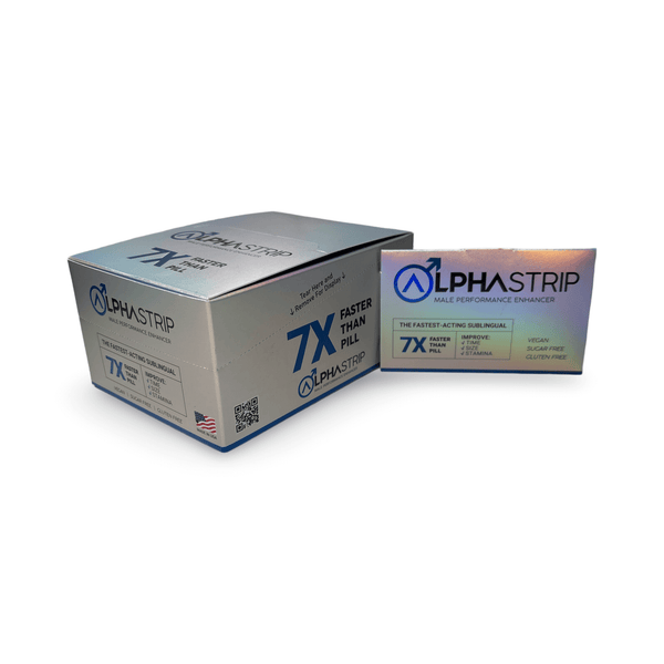 Alpha Strip 7X sublingual male enhancement strips box, fast-acting formula for improved sexual performance.