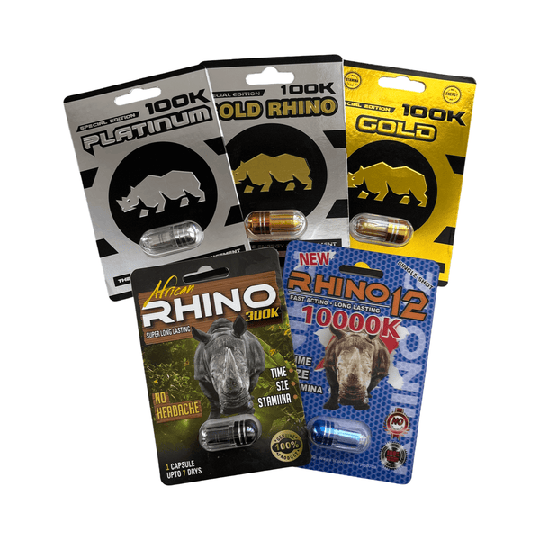 Rhino Male Enhancement Variety Pack featuring Platinum, Gold, and African Rhino capsules for stamina and confidence support.