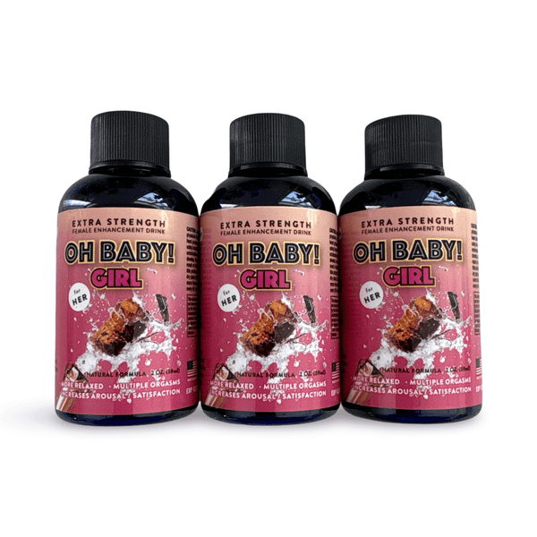 Three bottles of Oh Baby Girl Shots 2500 mg herbal drink for women, promoting vitality and wellness.