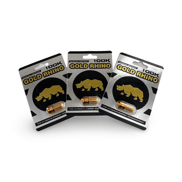 Rhino Gold 100K Silver Edition stamina support capsules in packaging, designed for energy and performance.