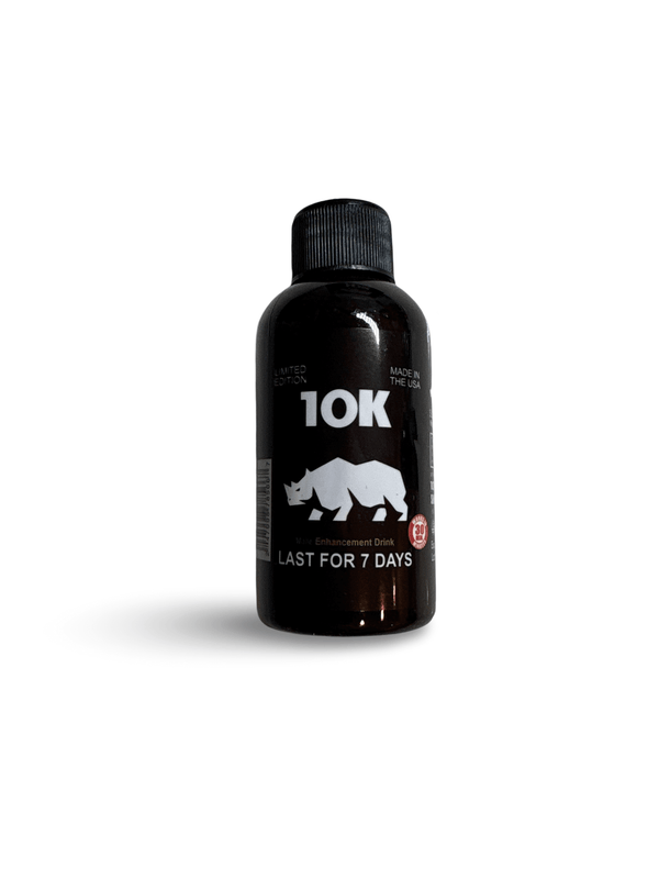 Rhino 10K Male Enhancement Shot in black bottle, 2 oz, offering potent, lasting performance.