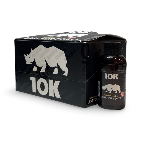Rhino 10K Male Enhancement Shot Black Edition box and bottle, powerful performance booster for men.