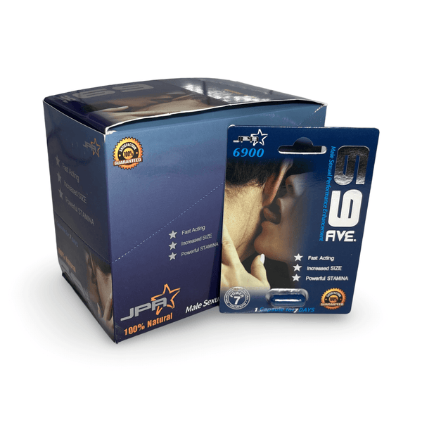 69 Ave Male Enhancement capsules packaging, promoting increased size and stamina, fast acting, 7-day effectiveness.