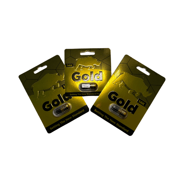 Rhino 14K Gold capsules in stylish packaging for advanced male enhancement and extended performance.