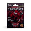 Raging Bull 15000 male enhancement capsule packaging, featuring a red bull logo and easy-to-take design.
