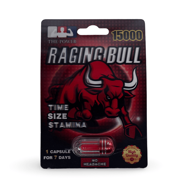 Raging Bull 15000 Herbal Supplement Capsule packaging with energizing branding and details for stamina support.