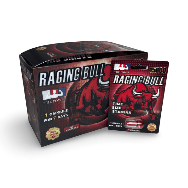 Raging Bull 15000 male enhancement capsules packaging for stamina and performance, featuring 24 discreet capsules.