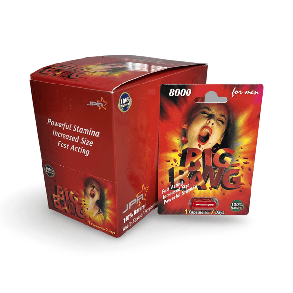 Big Bang 8000 Male Enhancement capsules display box featuring claims of powerful stamina and fast-acting results.