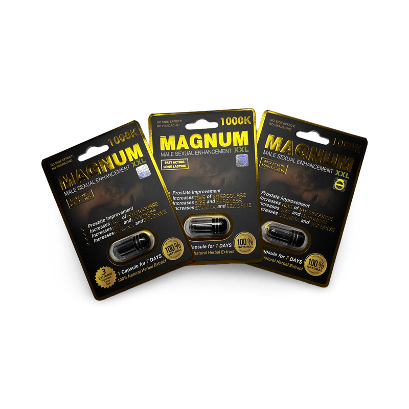 Magnum XXL 1000K male sexual enhancement capsules in packaging, support vitality and stamina.