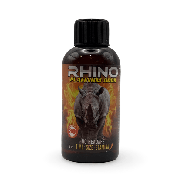 Rhino Platinum 8000 2 oz Liquid Herbal Shot for vitality and stamina, featuring a rhino graphic design.