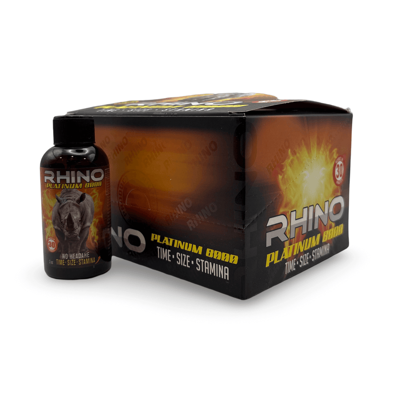Rhino Platinum 8000 Liquid Shot - 12 bottles for enhanced male performance, size, and stamina, featuring a powerful formula.