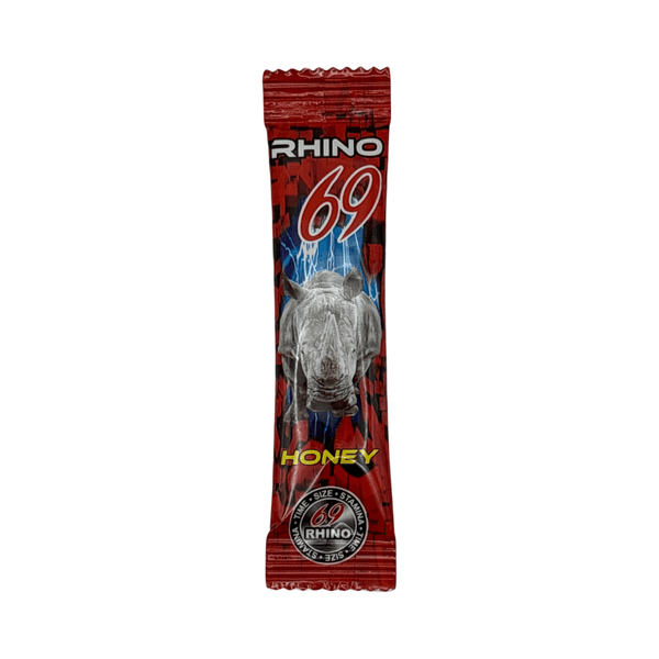 Rhino 69 Honey Red packaging, featuring fast-acting male enhancement qualities for improved libido and performance.