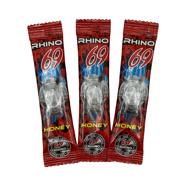 Rhino 69 Honey Red male enhancement honey packs for fast-acting sexual performance boost.