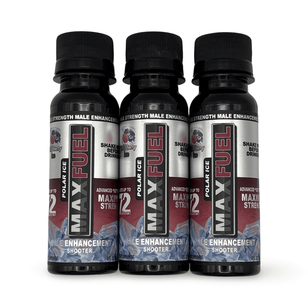 MaxFuel Polar Ice Male Enhancement Shooter - Wild Berry Ice flavor, 3 bottles for increased stamina and performance.