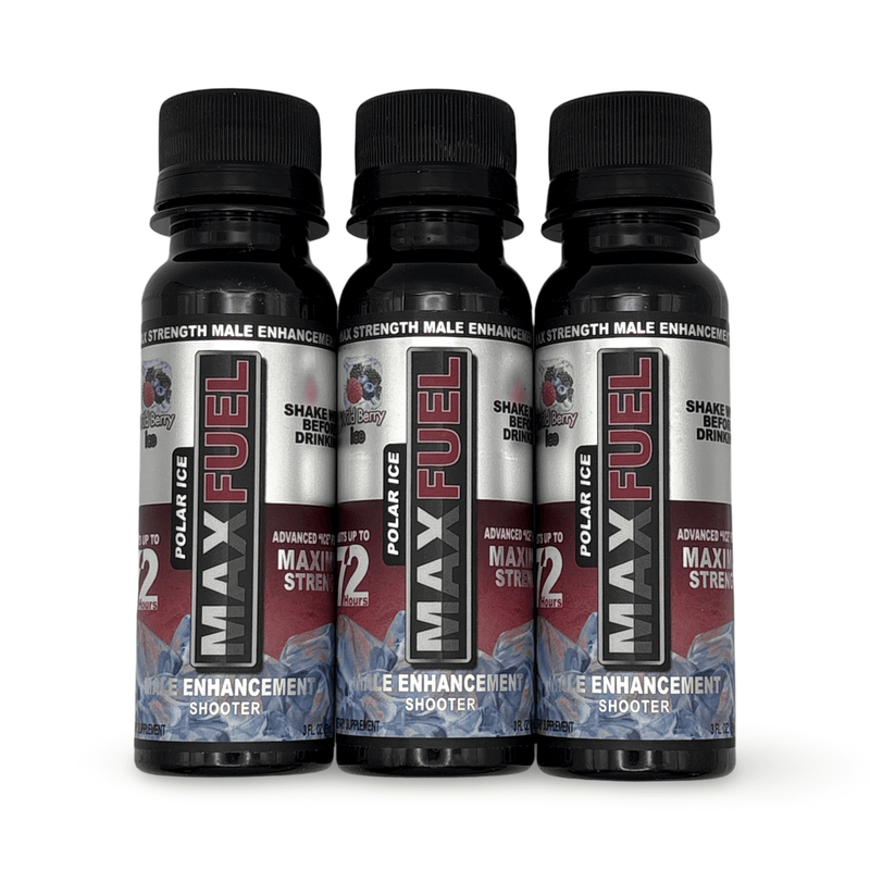 MaxFuel Polar Ice Male Enhancement Shooter - Wild Berry Ice flavor, 3 bottles for increased stamina and performance.