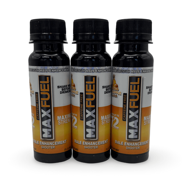 MaxFuel Mango Pineapple Energy Shooter – three 3 fl oz bottles for male vitality and energy support.