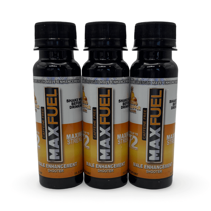 MaxFuel Mango Pineapple Energy Shooter – three 3 fl oz bottles for male vitality and energy support.