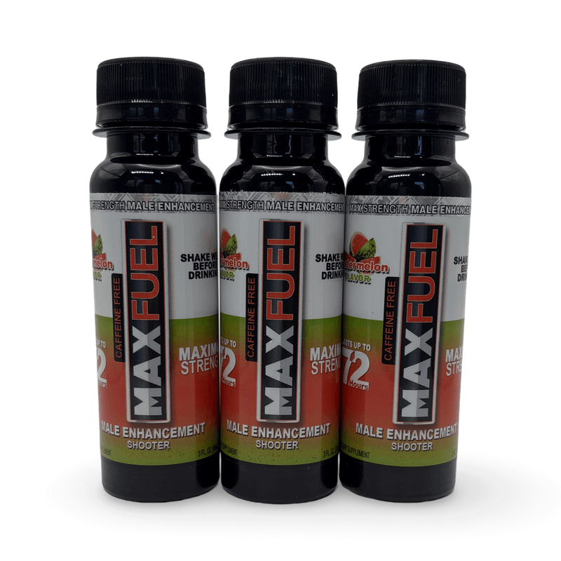 MaxFuel Watermelon Shooter bottles, ready-to-drink natural supplement for stamina and vitality, 3 x 3 fl oz.