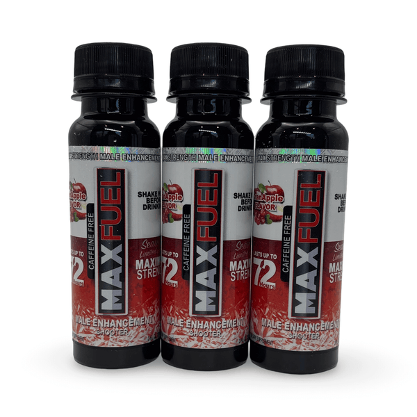 MaxFuel Cran Apple Shooter 3 pack of 3 fl oz bottles for stamina and energy support, featuring herbal ingredients.