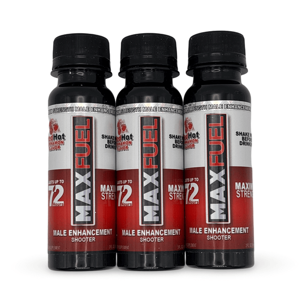 MaxFuel RedHot Cinnamon Vitality Shooter, 3 x 3 fl oz bottles for energy and stamina support.