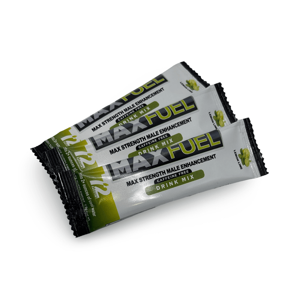 MaxFuel Lemon Lime Drink Mix 3 Pack, caffeine-free supplement for stamina and vitality, convenient stick packs.