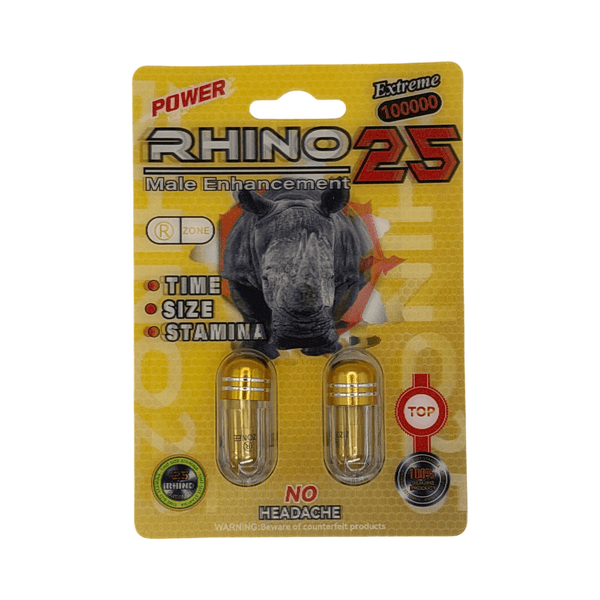 Rhino 25 Male Enhancement 100000 product packaging featuring capsules for improved performance and stamina