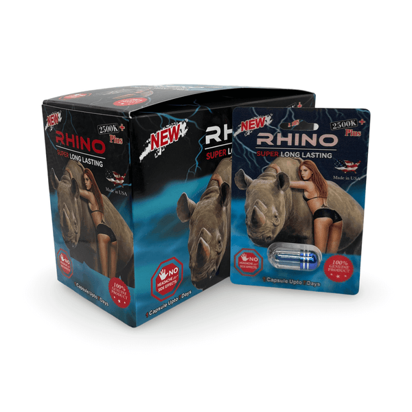 New Rhino 2500K Plus men's stamina support display box with capsules for energy and endurance.