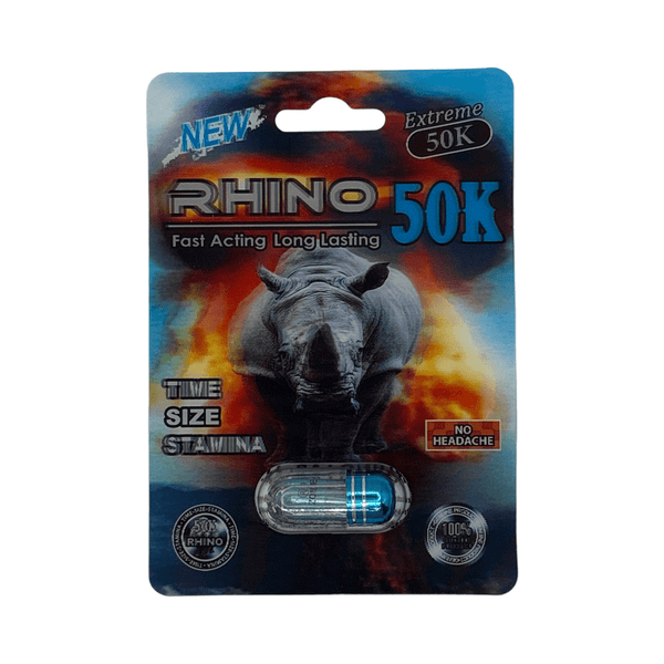 New Rhino 50K male enhancement capsule packaging showcasing fast acting, long lasting benefits for improved time, size, and stamina.
