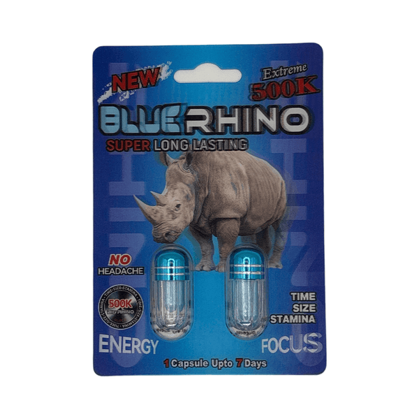 New Blue Rhino 500K Herbal Supplement pack with two capsules for energy and stamina support.
