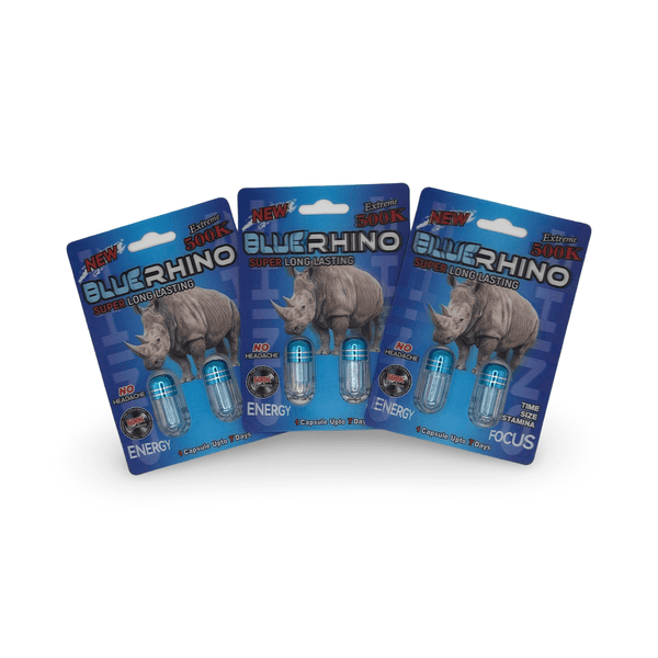 New Blue Rhino 500K Mens Stamina Support three packs front view, showcasing energy and focus capsules.