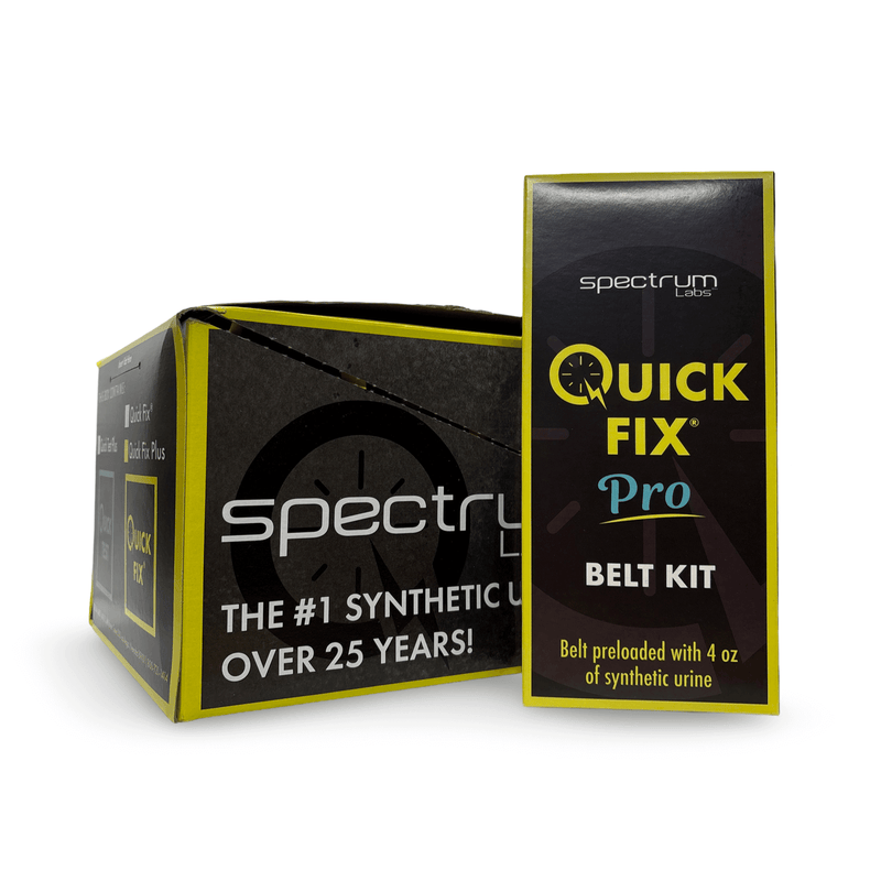 Quick Fix Pro Belt Kit with 4 oz. of synthetic urine, featuring a pre-loaded belt and packaging by Spectrum Labs.