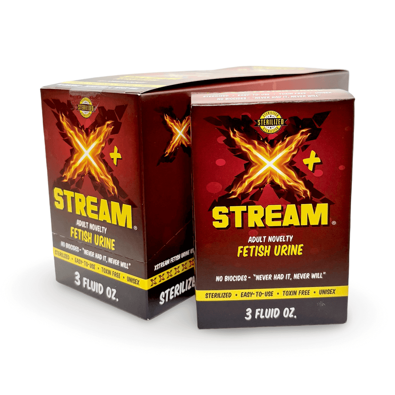 Two X Stream Fetish Urine boxes, 3 fl oz each, adult novelty, toxin-free, unisex, easy-to-use, sterilized formula.
