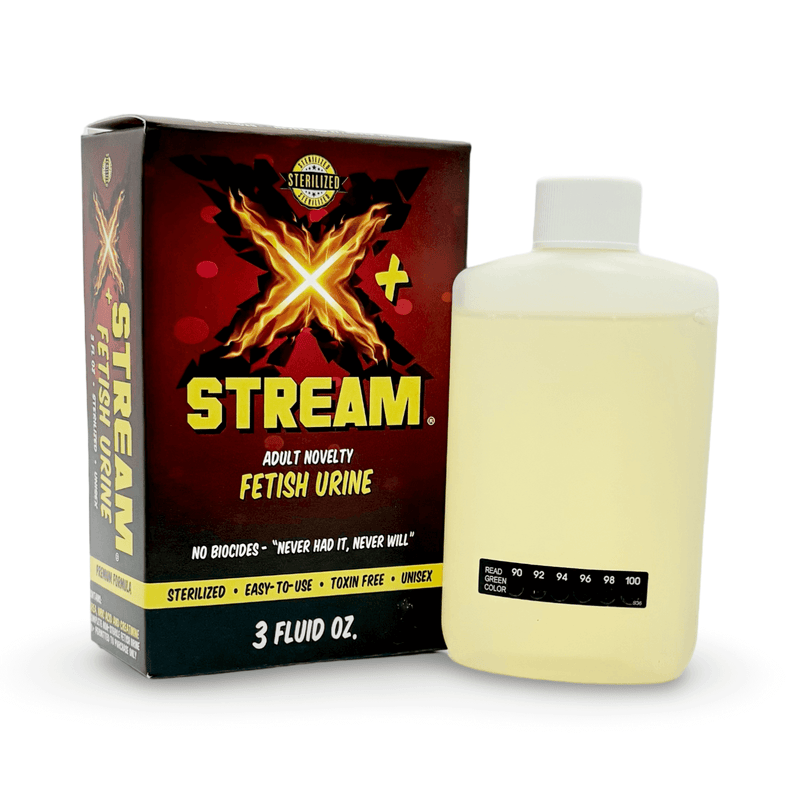 X Stream Fetish Urine 3 fl oz bottle and packaging for adult novelty use, toxin-free and easy to use.
